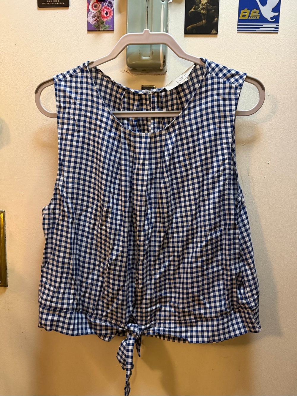 LOFT Blue and White Gingham Tie-Hem Tank